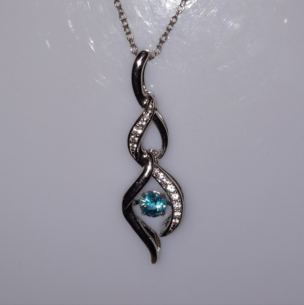 Solid Sterling Silver Heartbeat 💓Blue Topaz & CZ Pendant 18" Necklace GIFT 🎁